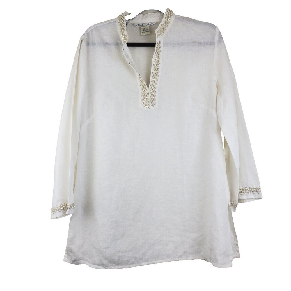Nikki‎ Valenti 12 Women Large Linen Tunic Top Ivory Cream Beach Resort Wear Boho
